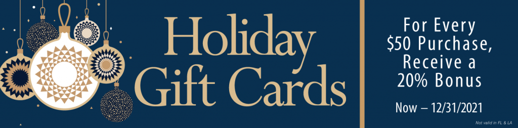 Image of ornaments. Holiday gift cards. For every $50 purchase receive a 20% bonus. Now-12/31/21